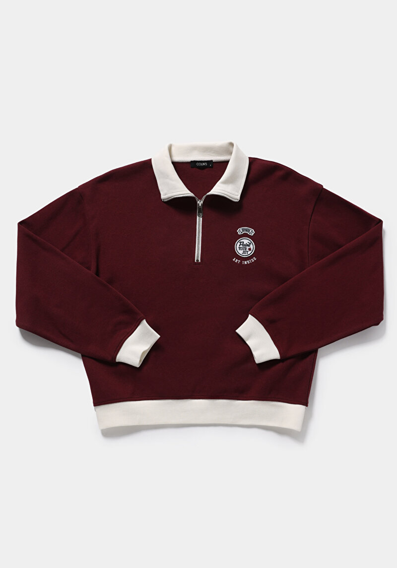 Regular Fit Polo Yaka Nakışlı Kadın Bordo Sweatshirt
