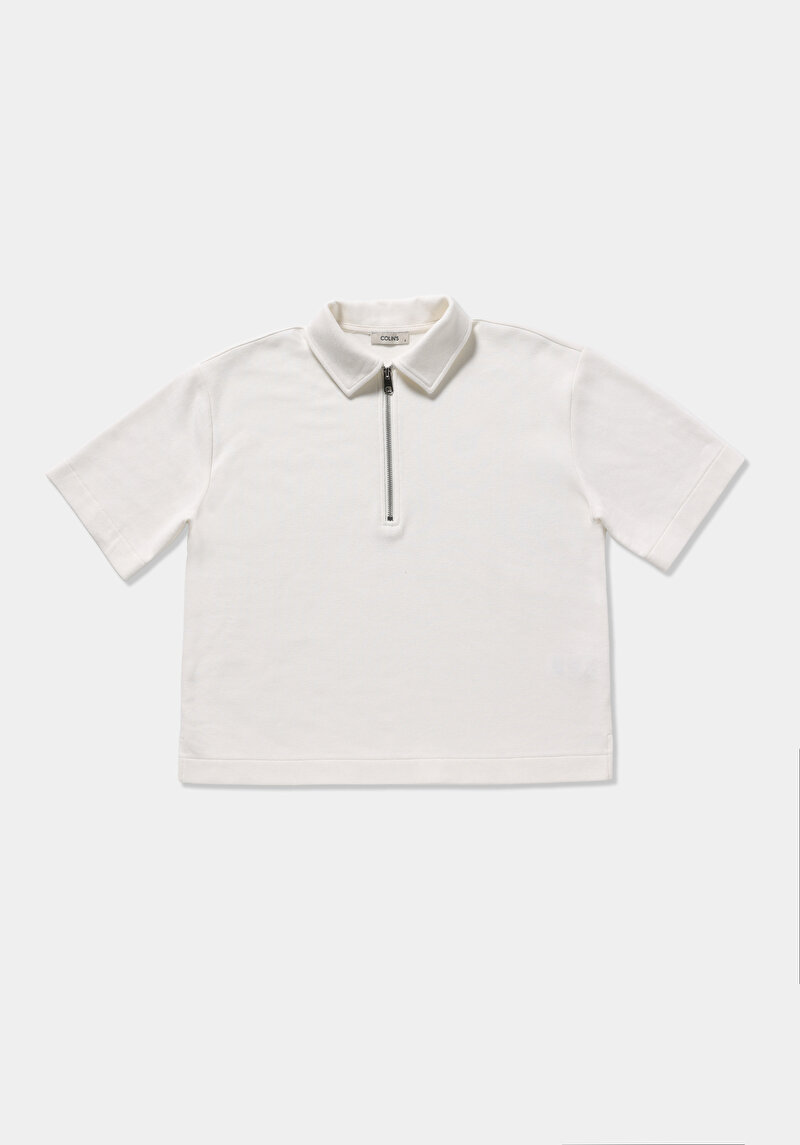 Regular Fit Polo Yaka Düz Kadın Beyaz Kısa Kol Tişört