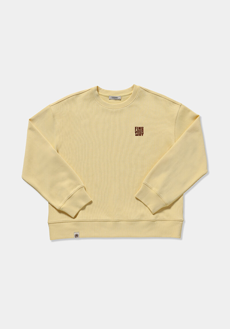 Regular Fit Yuvarlak Yaka Baskılı Kadın Sari Sweatshirt