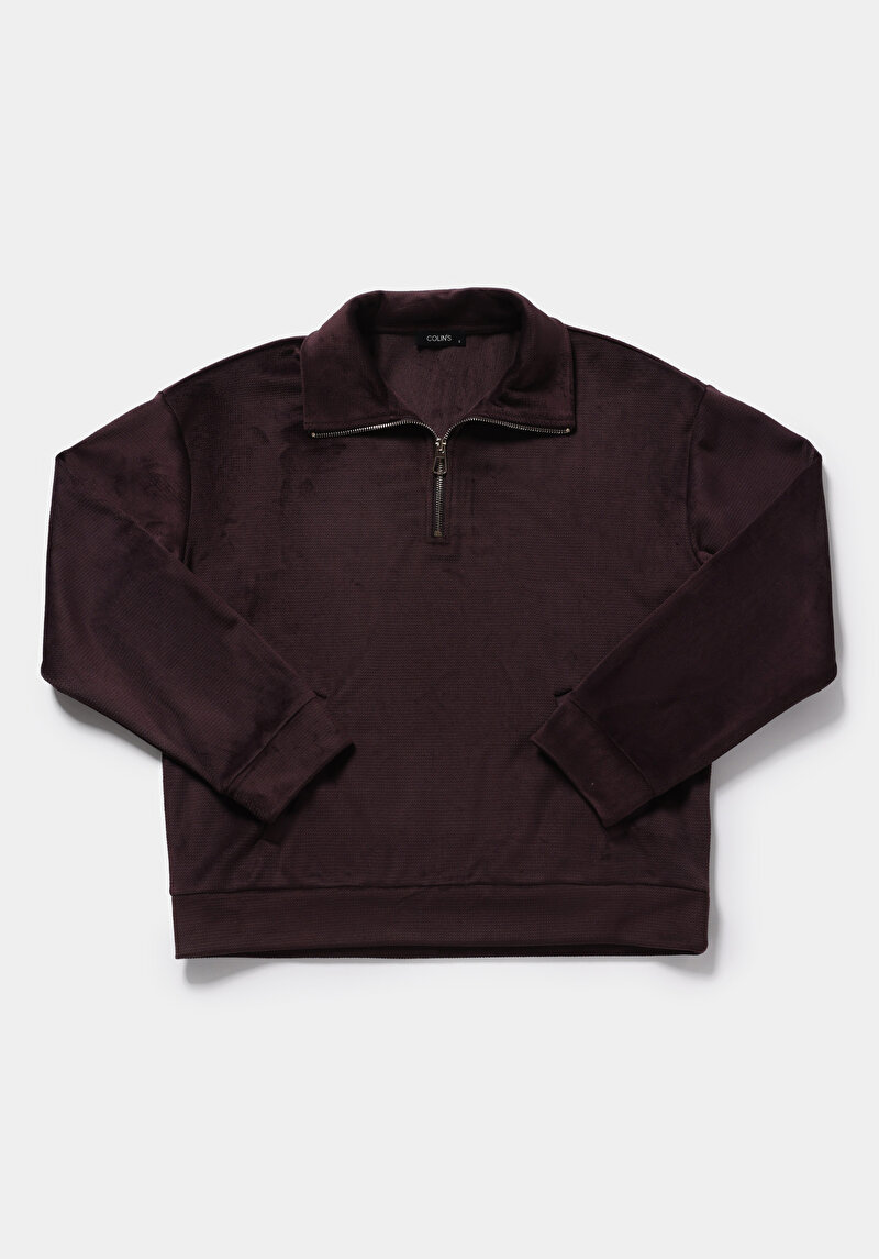 Regular Fit Fermuarlı Düz Kadın Mor Sweatshirt