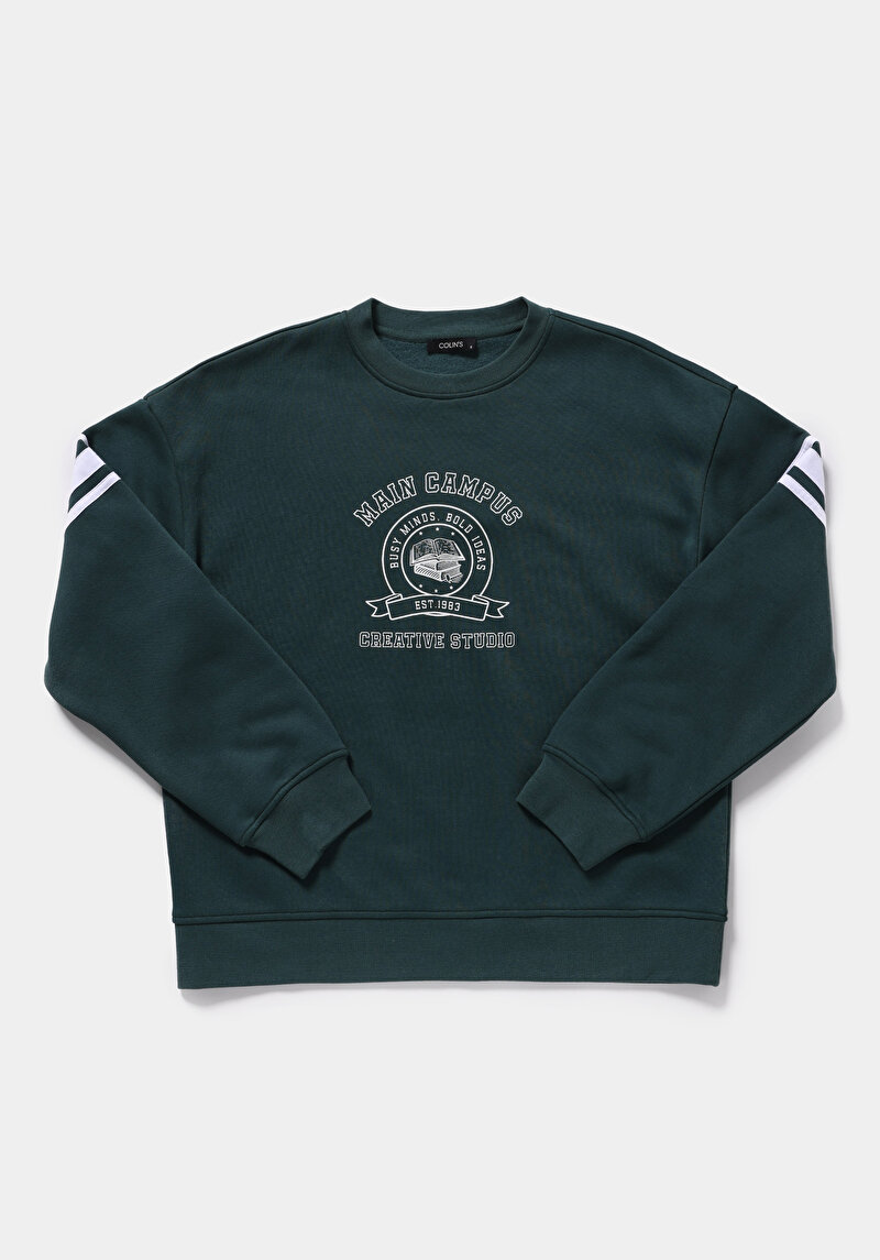Regular Fit Yuvarlak Yaka Baskılı Kadın Yeşil Sweatshirt