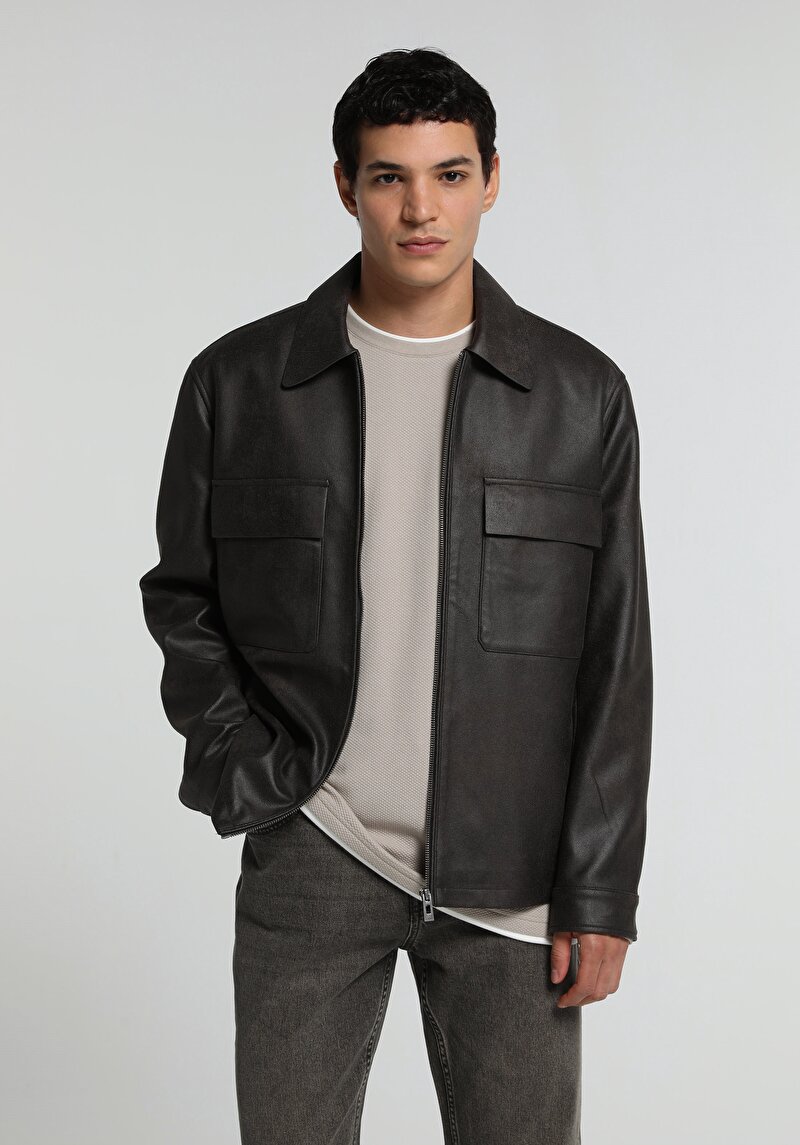 Regular Fit Shirt Neck Fermuarlı Astarlı Erkek Kahverengi Mont Pu