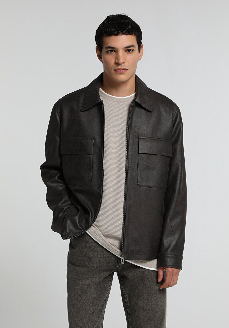Regular Fit Shirt Neck Fermuarlı Astarlı Erkek Kahverengi Mont Pu