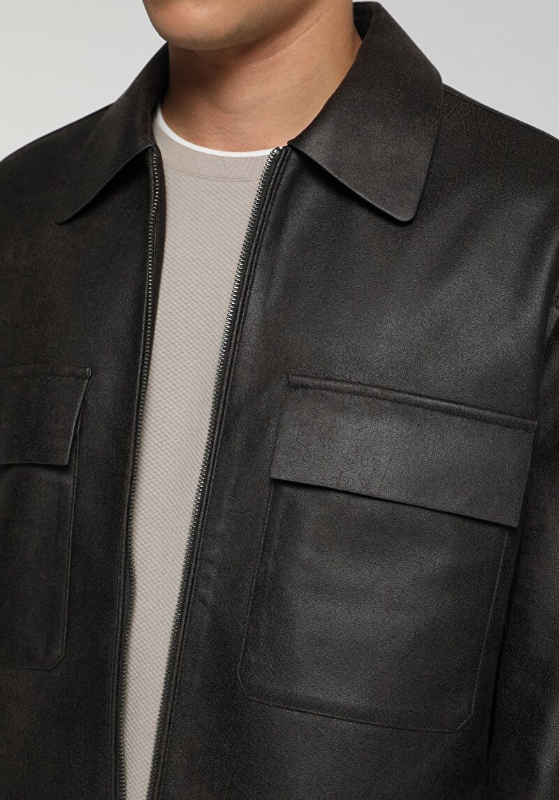 Regular Fit Shirt Neck Fermuarlı Astarlı  Erkek Kahverengi Mont Pu