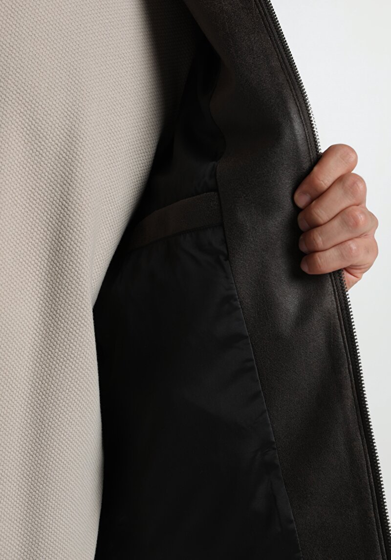 Regular Fit Shirt Neck Fermuarlı Astarlı  Erkek Kahverengi Mont Pu