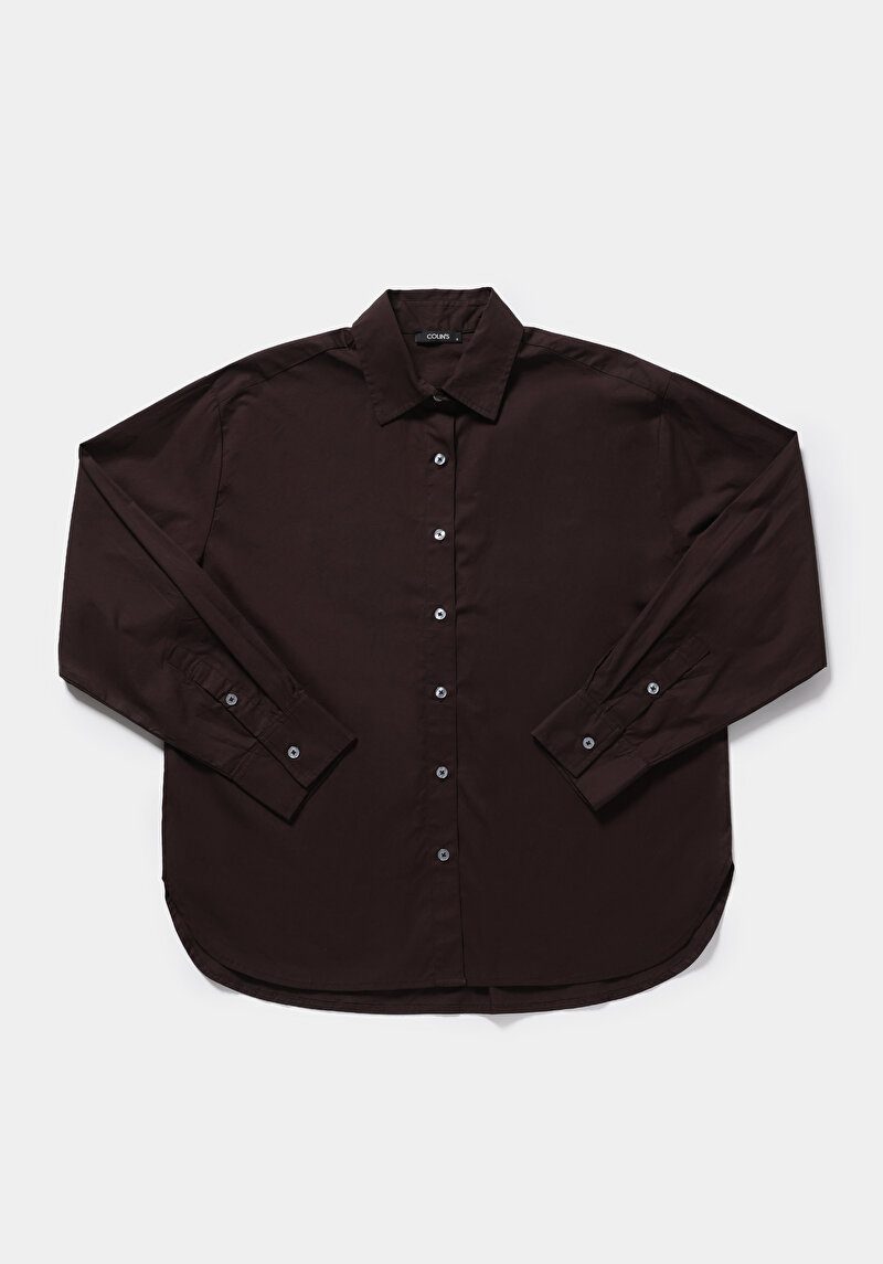 Boyfriend Fit Shirt Neck Düz Kadın Kahverengi Uzun Kol Gömlek