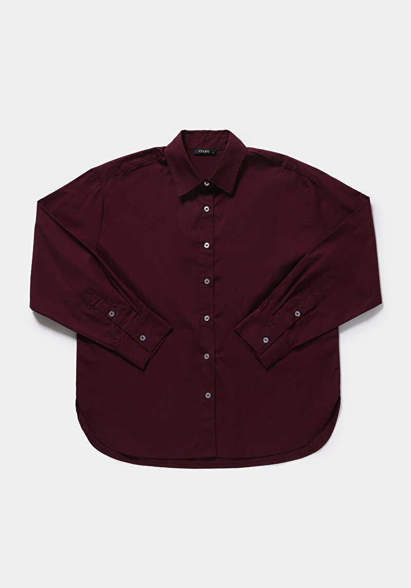 Boyfriend Fit Shirt Neck Düz Kadın Bordo Uzun Kol Gömlek