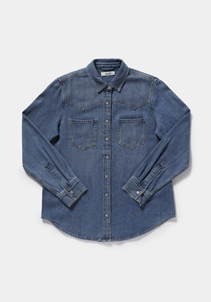 Regular Fit Klasik Yaka Düz Kadın Mid İndigo Denim Uzun Kol Gömlek