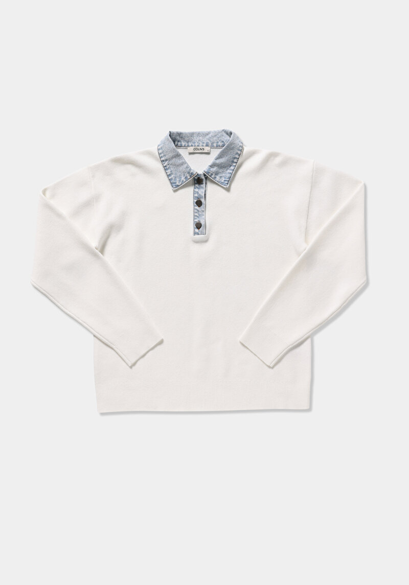 Regular Fit Polo Yaka Düz Kadın Beyaz Kazak