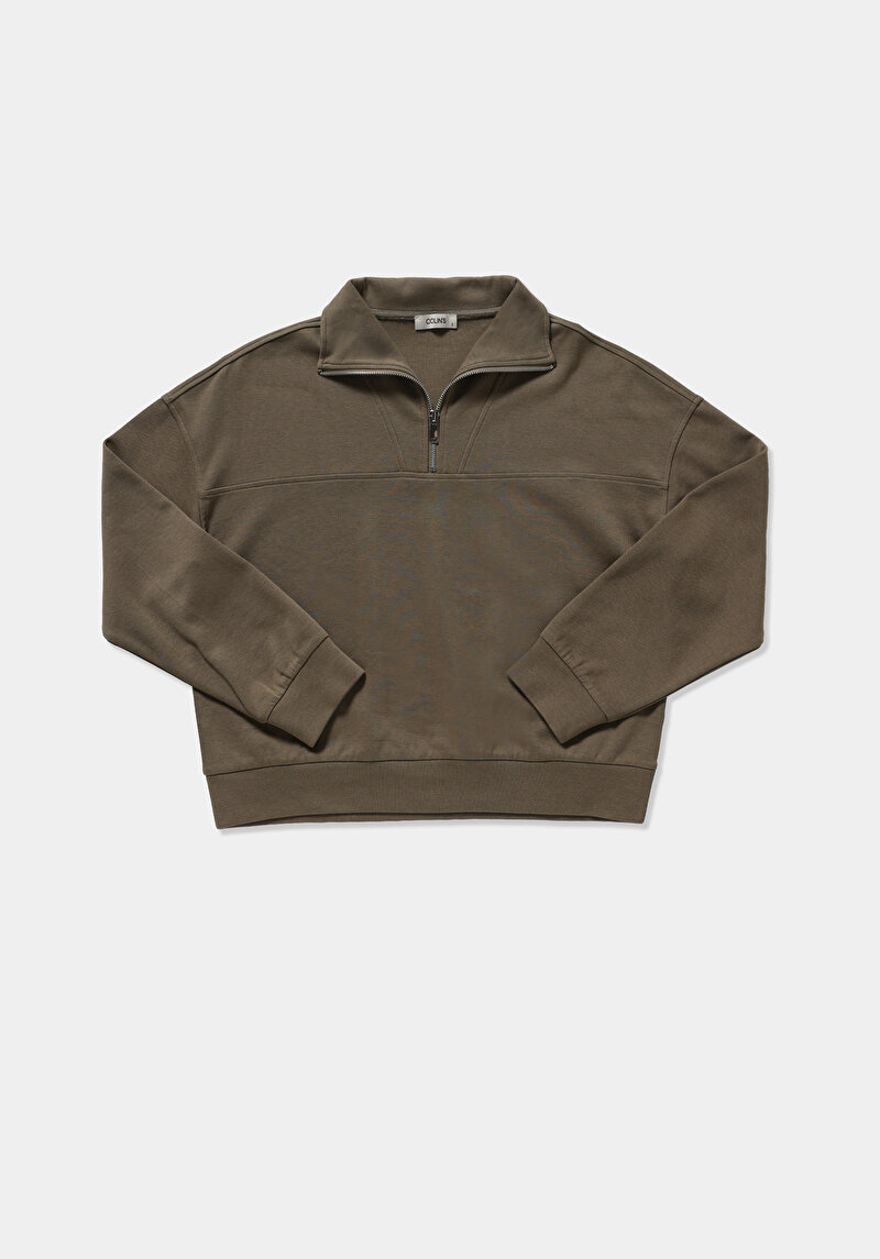 Regular Fit Fermuarlı Düz Kadın Yeşil Sweatshirt