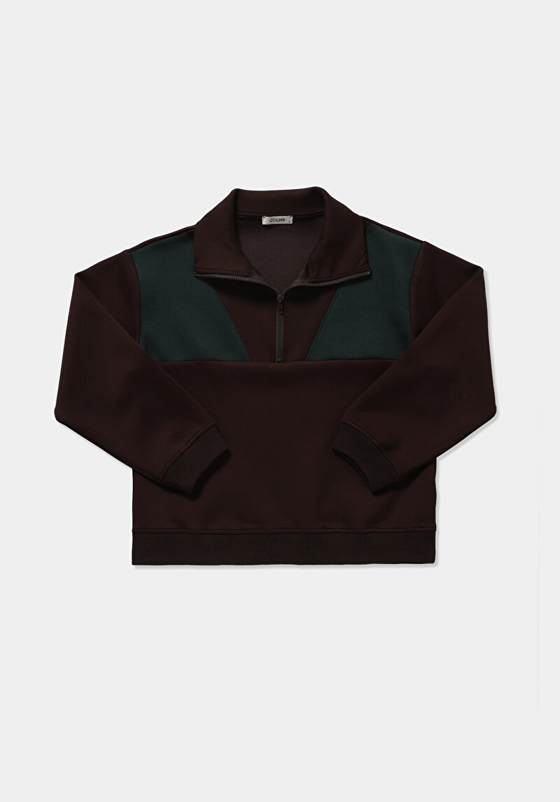 Regular Fit Polo Yaka Düz Kadın Kahverengi Sweatshirt