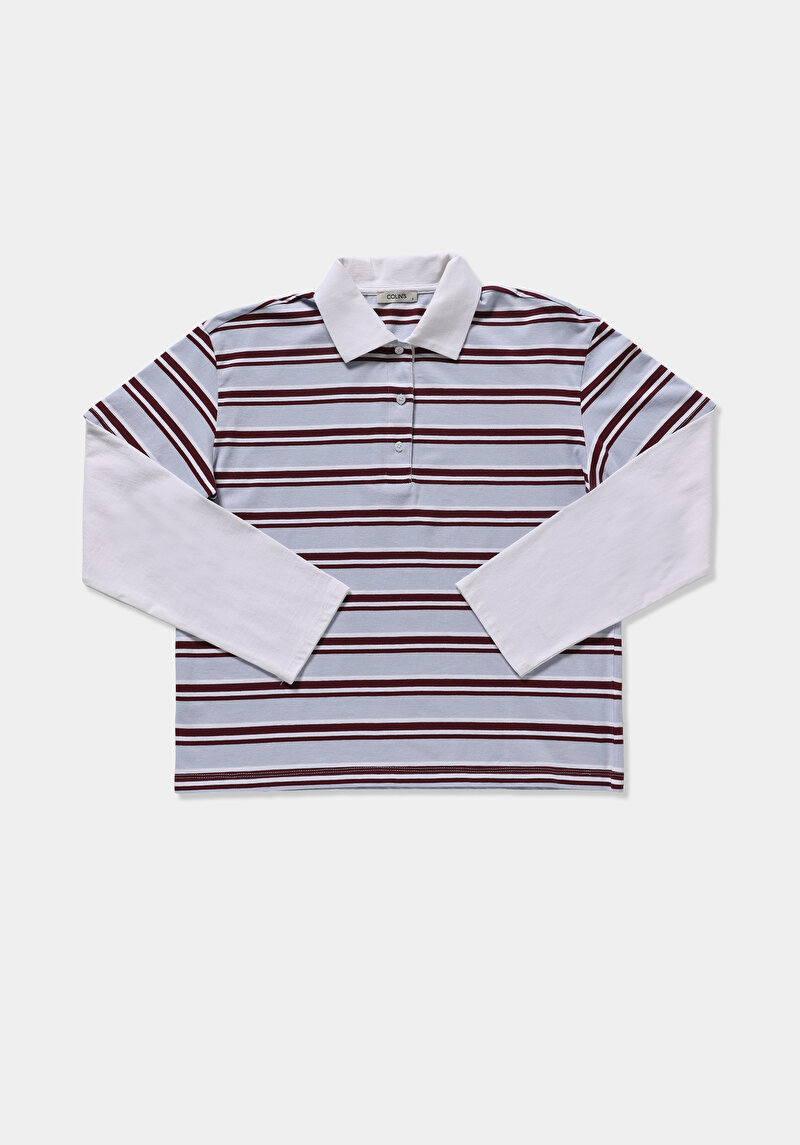 Regular Fit Polo Yaka Çizgili Kadın Çok Renkli Uzun Kol Tişört