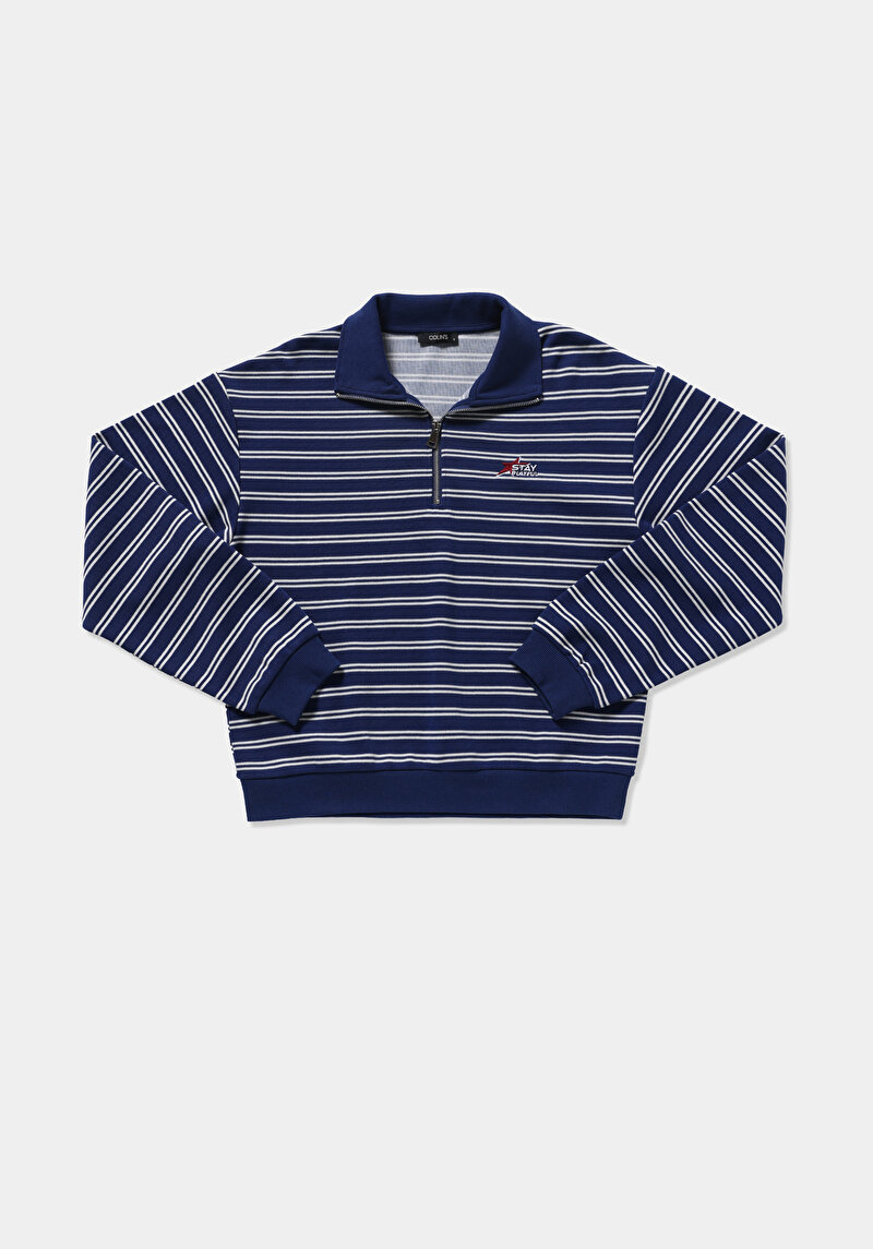 Regular Fit Polo Yaka Çizgili Kadın Lacivert Sweatshirt