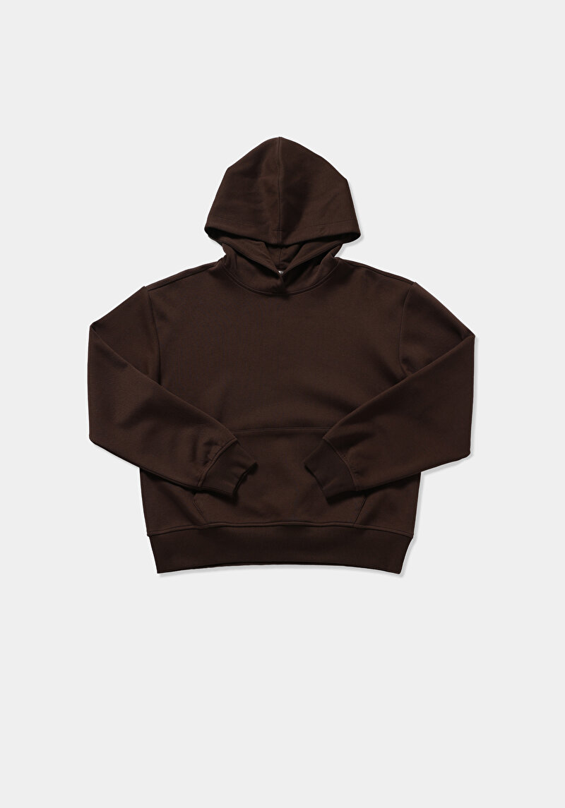 Regular Fit Kapüşonlu Düz Kadın Kahverengi Sweatshirt