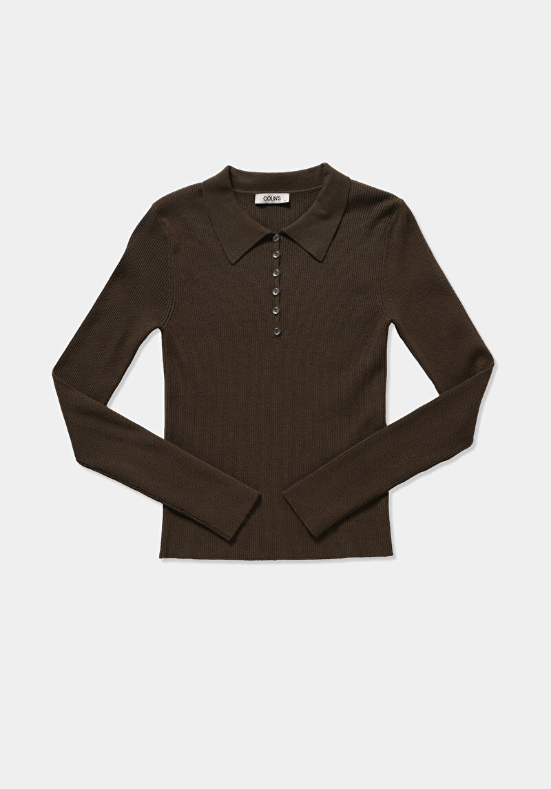 Slim Fit Polo Yaka Düz Kadın Yeşil Kazak