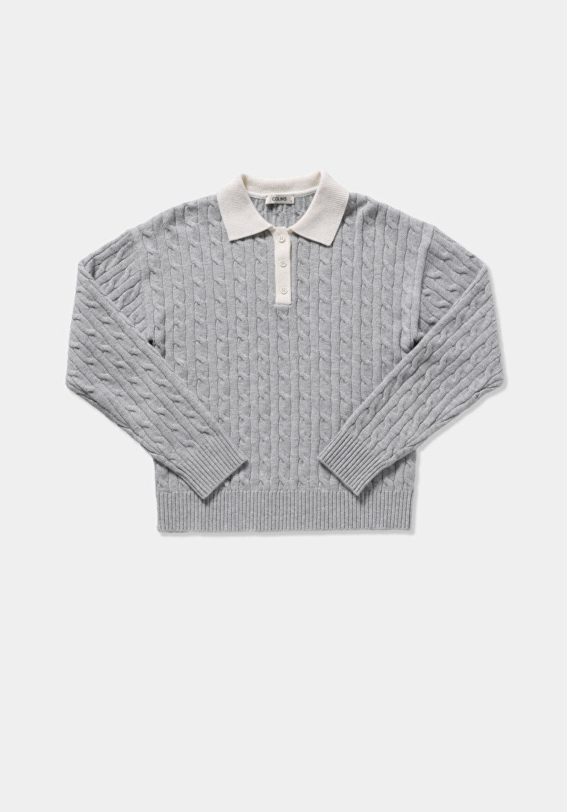 Regular Fit Polo Yaka Düz Kadın Gri Kazak
