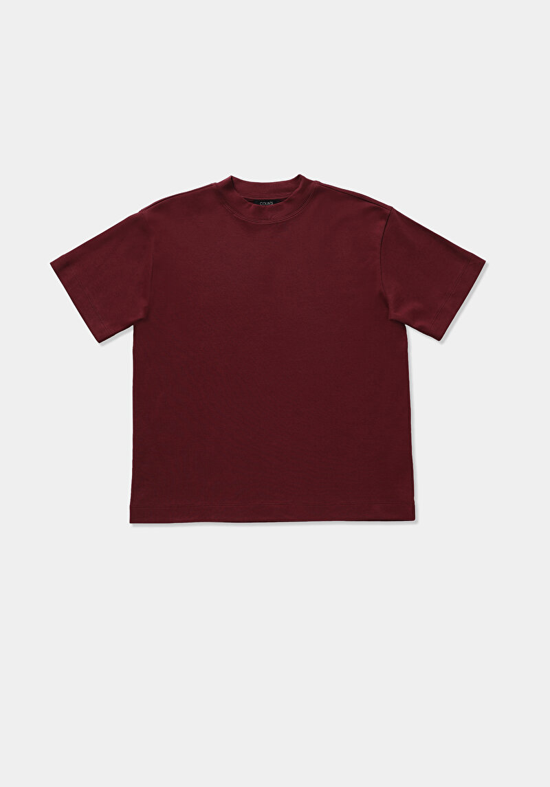 Regular Fit Yuvarlak Yaka Düz Kadın Bordo Kısa Kol Tişört