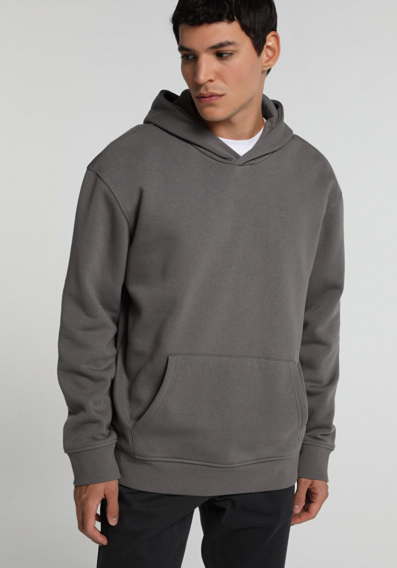 Relaxed Fit Kapüşonlu Düz Erkek Gri Sweatshirt