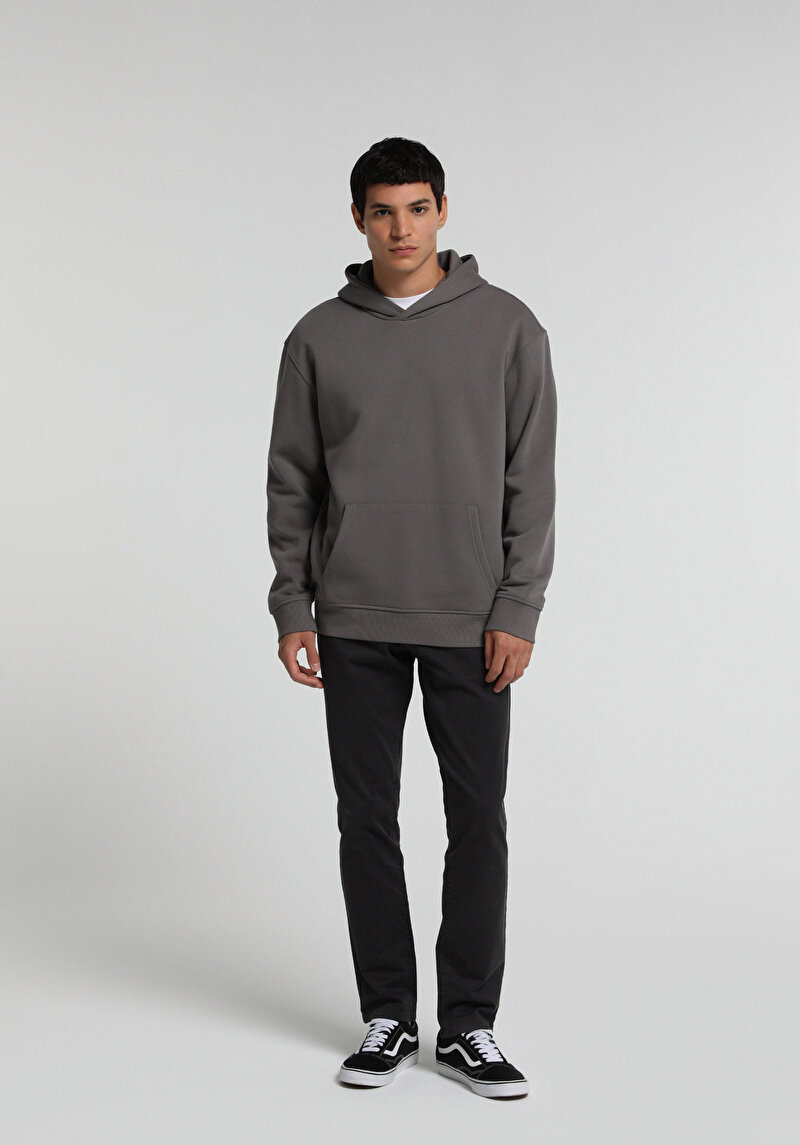 Relaxed Fit Kapüşonlu Düz Erkek Gri Sweatshirt