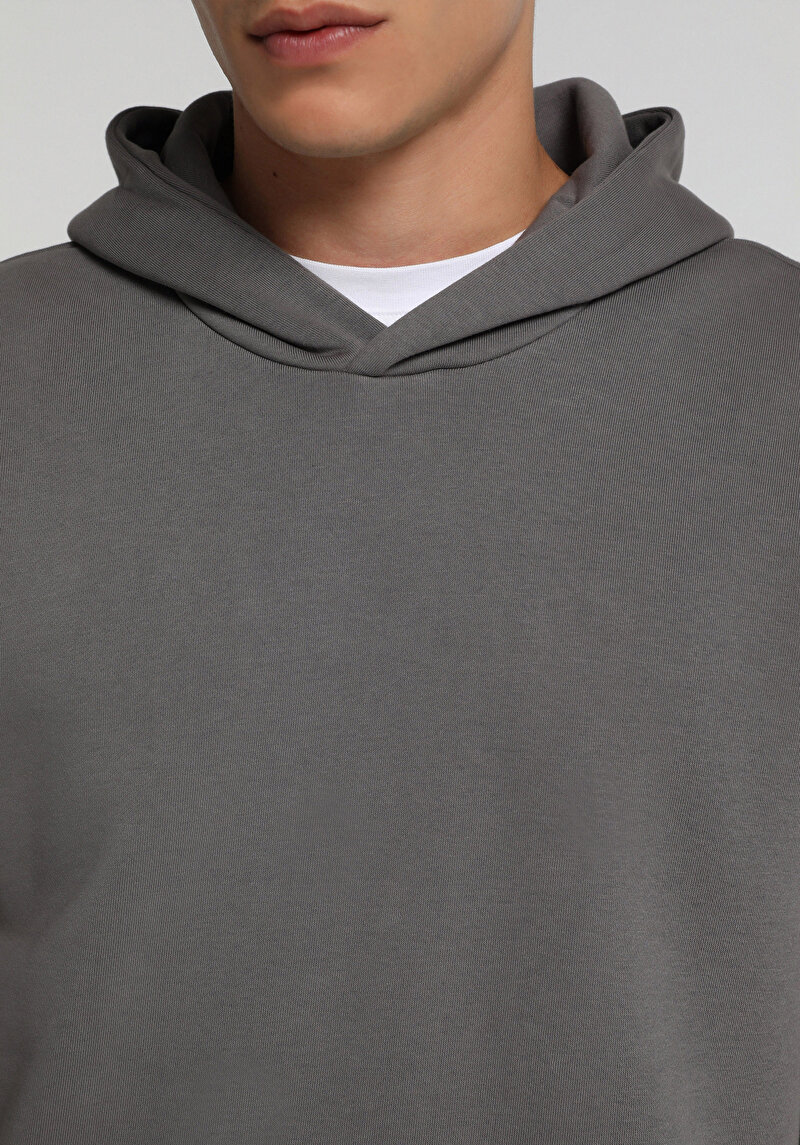 Relaxed Fit Kapüşonlu Düz Erkek Gri Sweatshirt