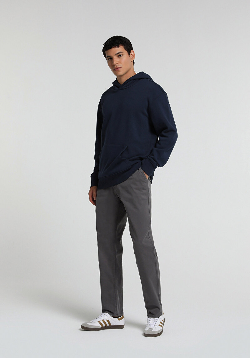 Relaxed Fit Kapüşonlu Düz Erkek Lacivert Sweatshirt