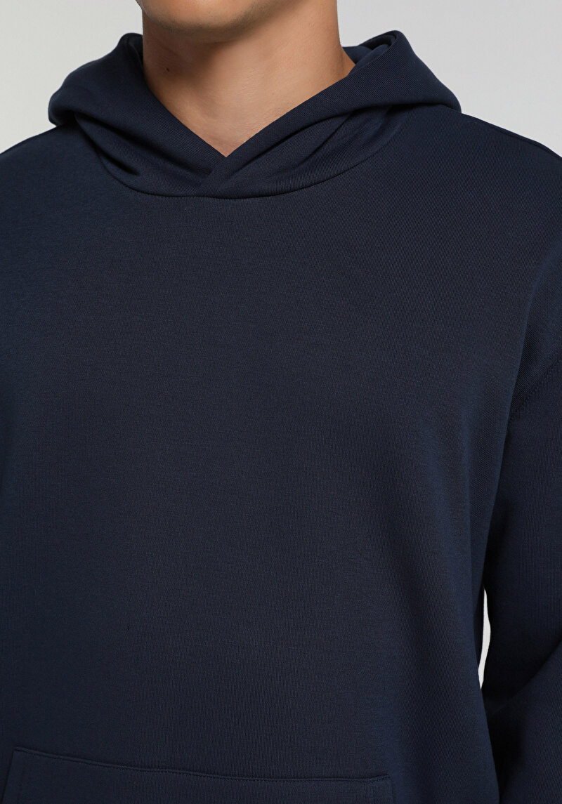 Relaxed Fit Kapüşonlu Düz Erkek Lacivert Sweatshirt