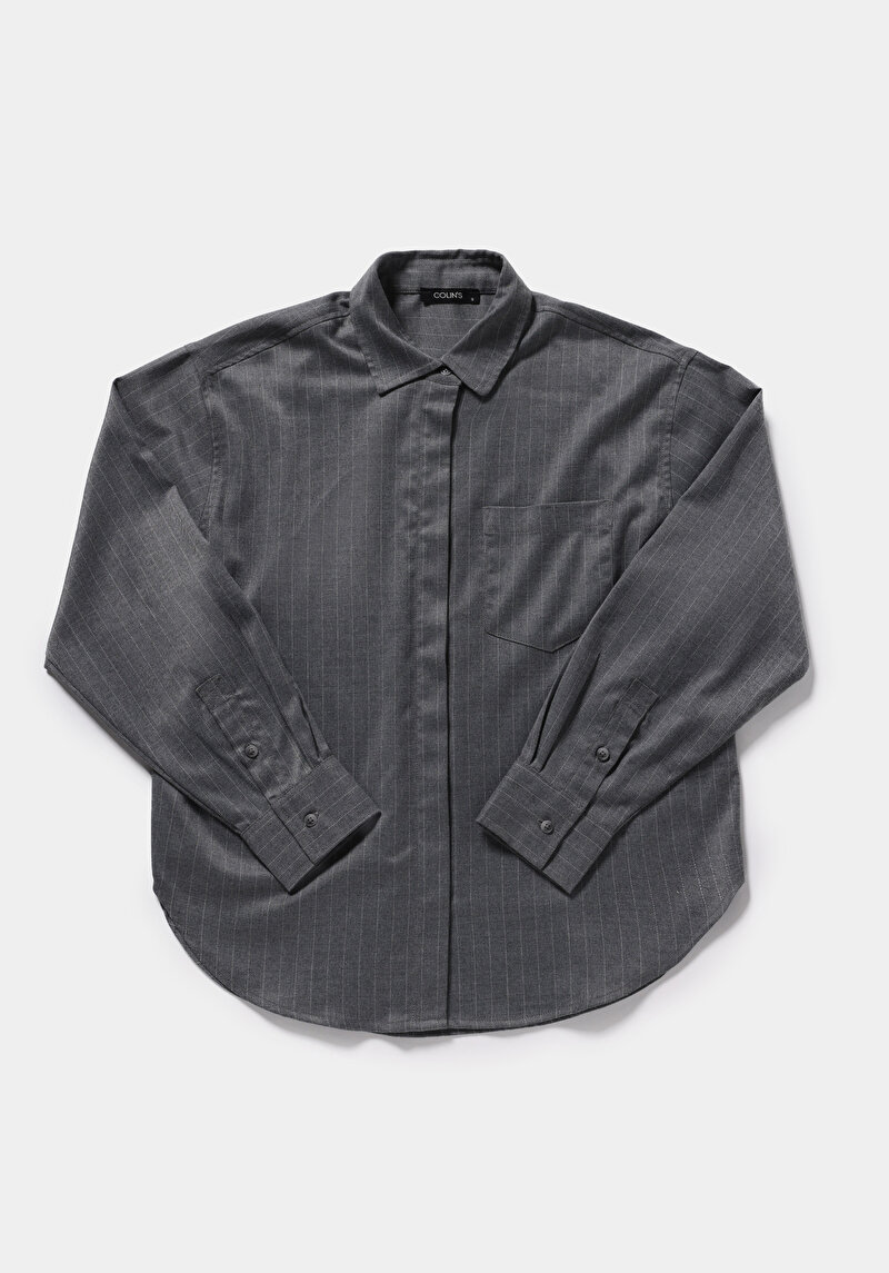 Boyfriend Fit Shirt Neck Çizgili Kadın Gri Uzun Kol Gömlek
