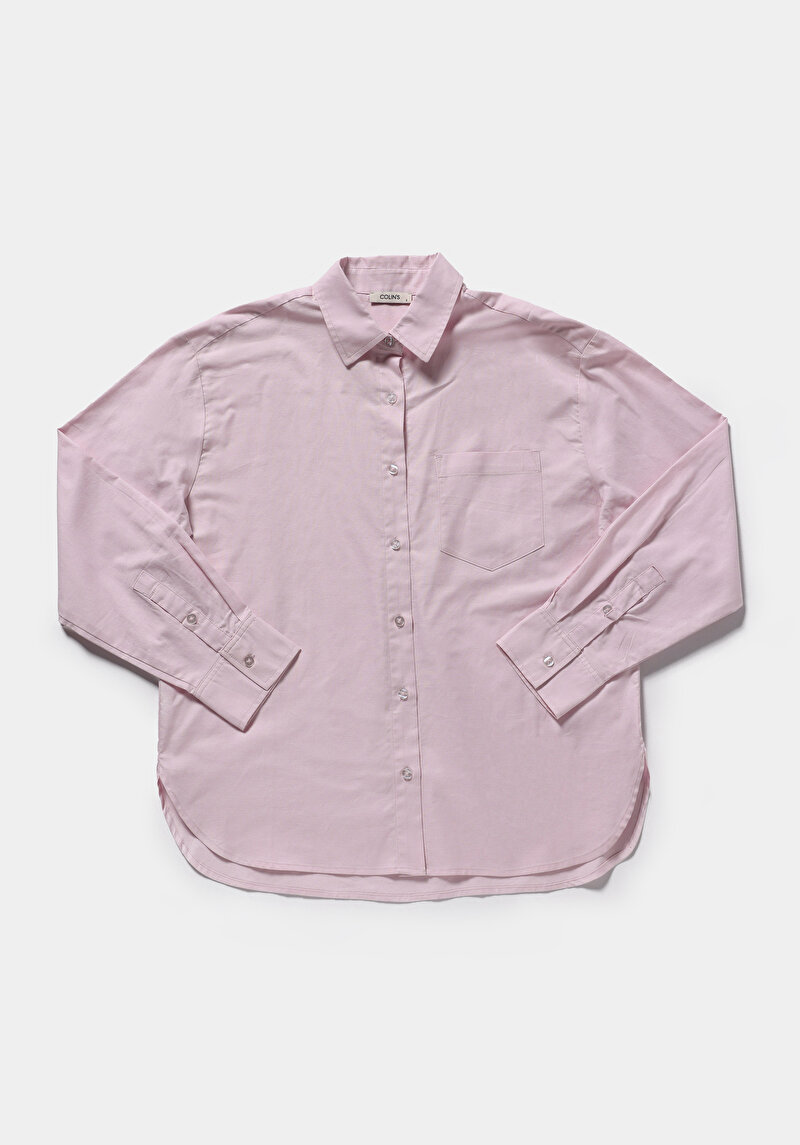 Boyfriend Fit Shirt Neck Düz Kadın Pembe Uzun Kol Gömlek
