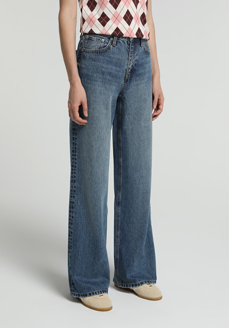 Wide Leg Fit Yüksel Bel Geniş Paça Kadın Mid İndigo Denim Jean Pantolon