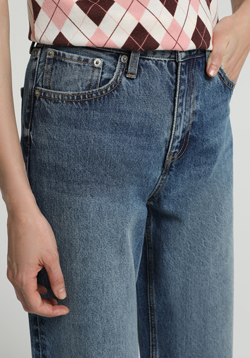 Wide Leg Fit Yüksel Bel Geniş Paça Kadın Mid İndigo Denim Jean Pantolon