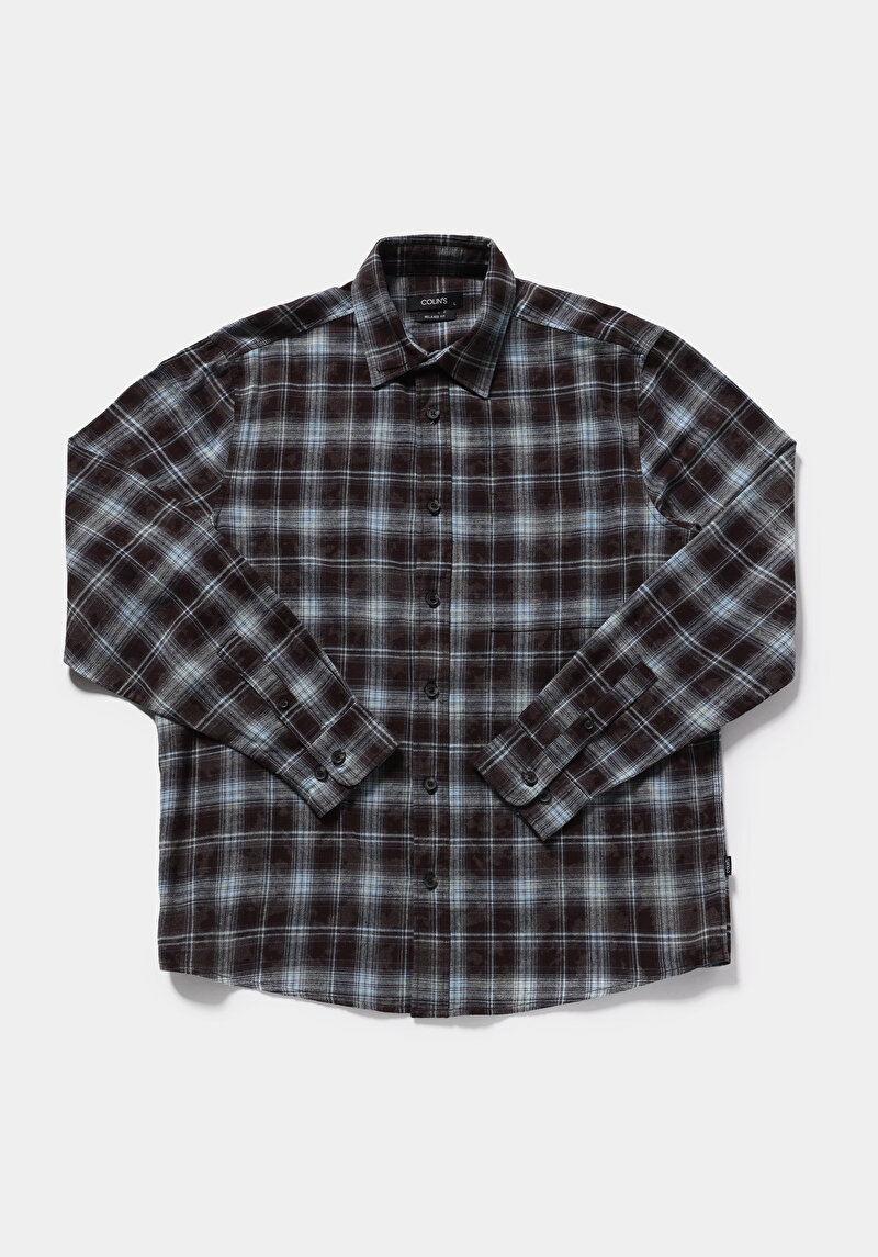 Relaxed Fit Shirt Neck Ekoseli Erkek Kahverengi Uzun Kol Gömlek