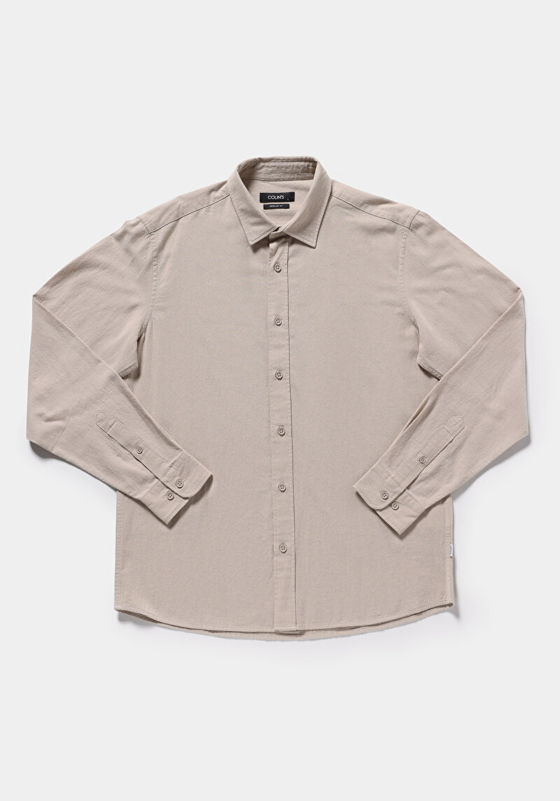 Regular Fit Shirt Neck Düz Erkek Taş Uzun Kol Gömlek