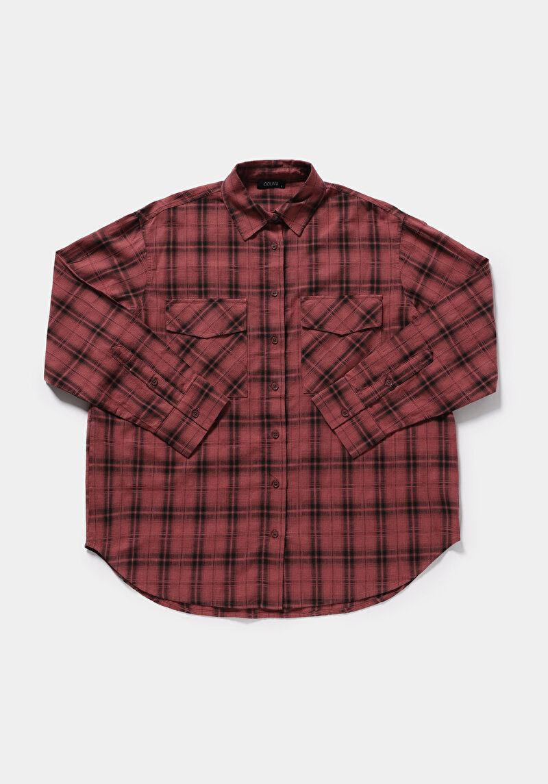 Fashion Fit Shirt Neck Ekoseli Kadın Turuncu Uzun Kol Gömlek