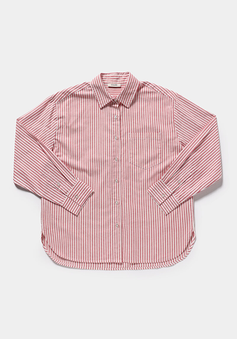Boyfriend Fit Shirt Neck Çizgili Kadın Kirmizi Uzun Kol Gömlek