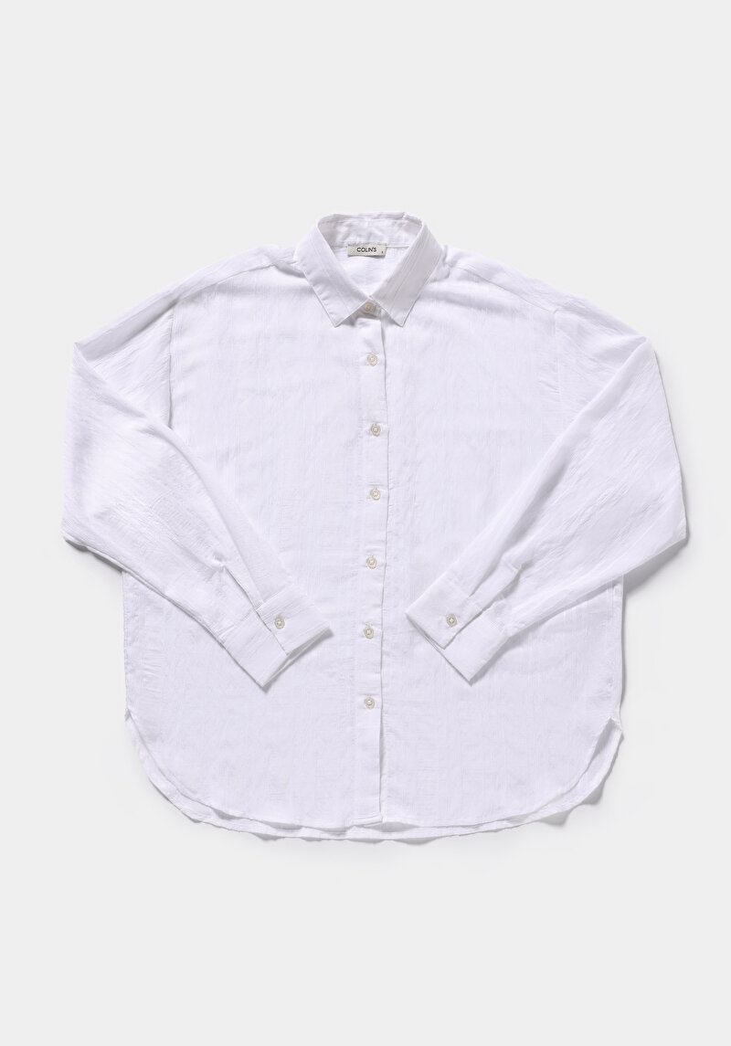Boyfriend Fit Shirt Neck Jakarlı Kadın Beyaz Uzun Kol Gömlek