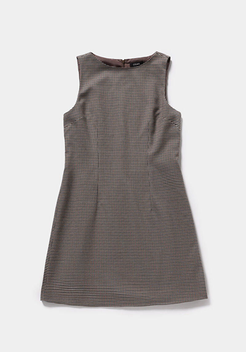 Slim Fit Ekoseli Kadın Kahverengi Kolsuz Elbise