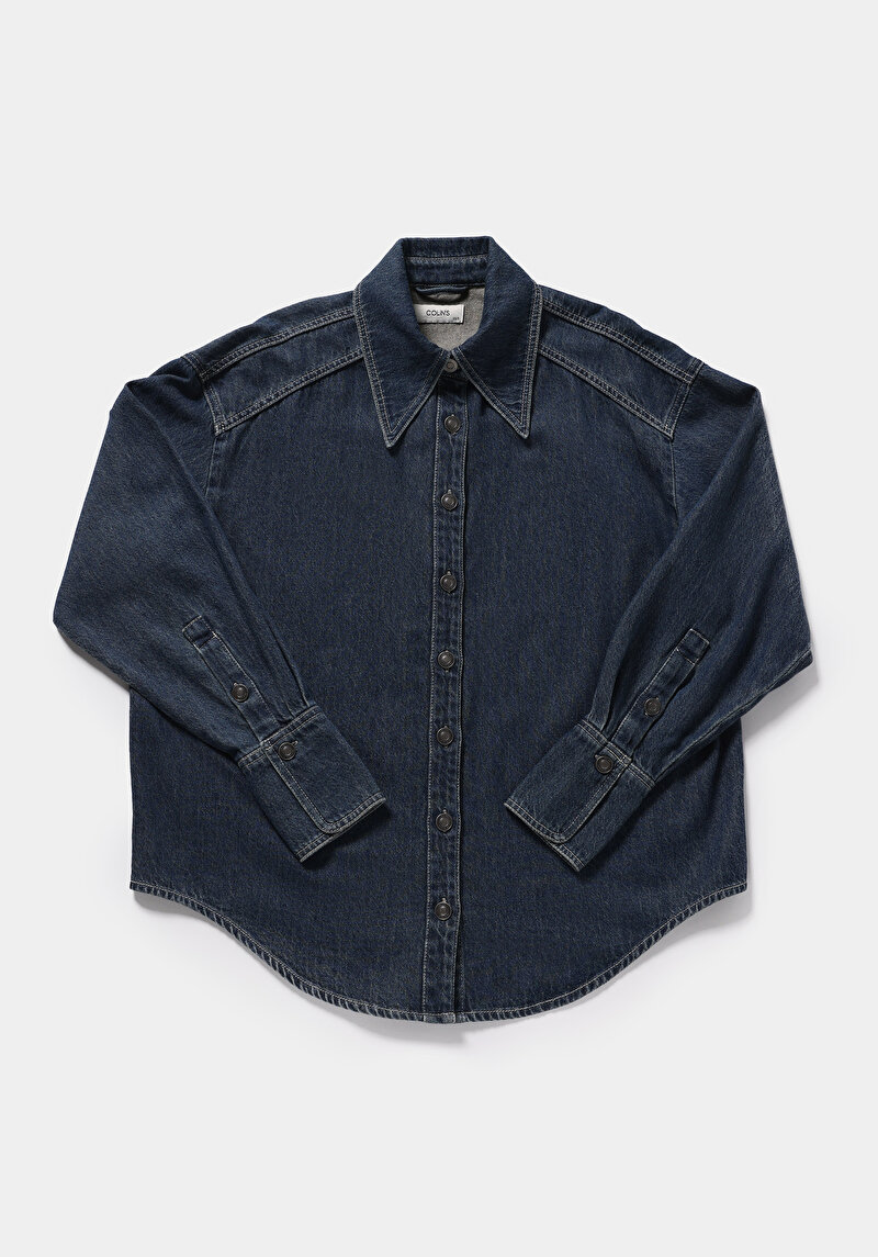 Oversize Fit Klasik Yaka Düz Kadın Mid İndigo Denim Uzun Kol Gömlek