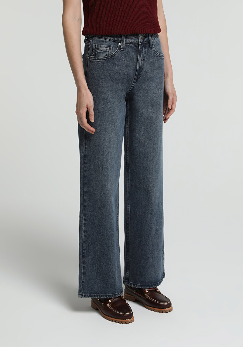 Wide Leg Fit   Kadın Blue Black Denim Jean Pantolon
