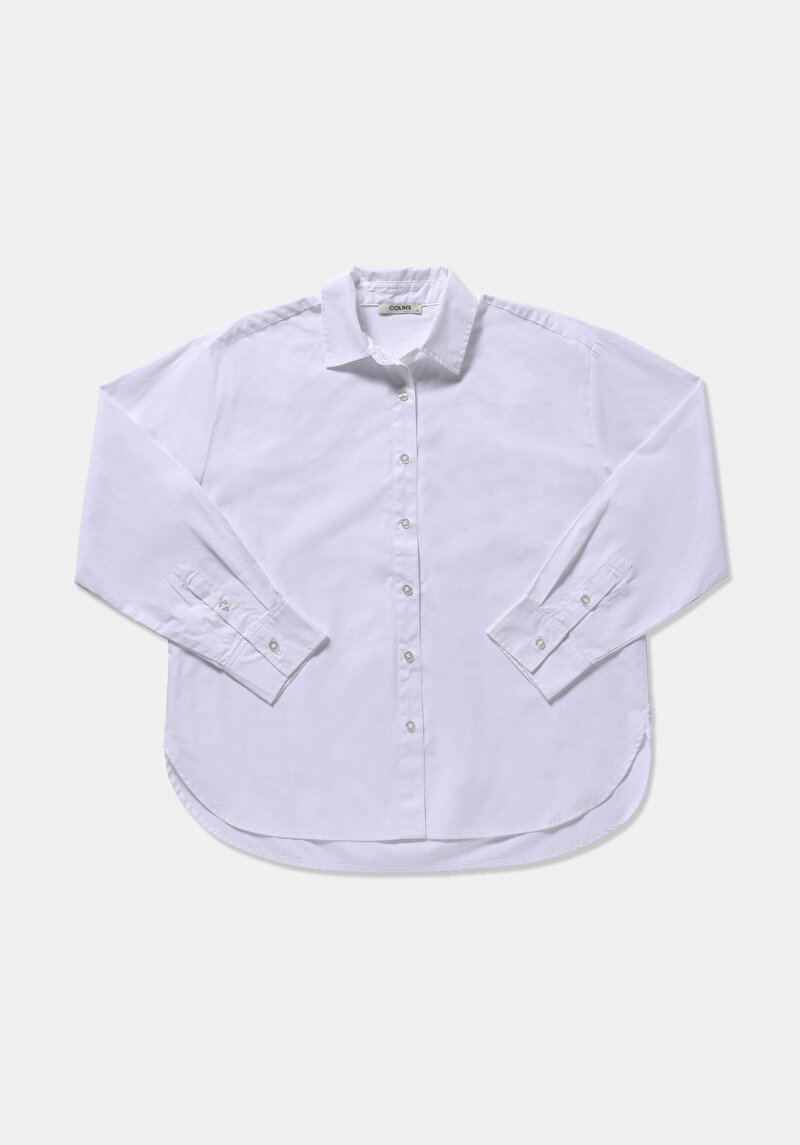 Boyfriend Fit Shirt Neck Düz Kadın Beyaz Uzun Kol Gömlek