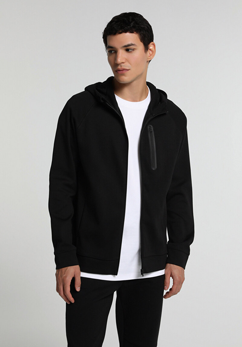 Regular Fit Kapüşonlu Düz Erkek Siyah Sweatshirt