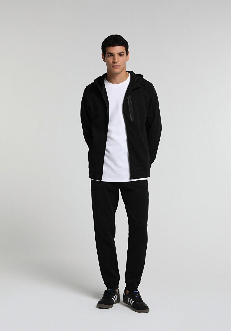 Regular Fit Kapüşonlu Düz Erkek Siyah Sweatshirt