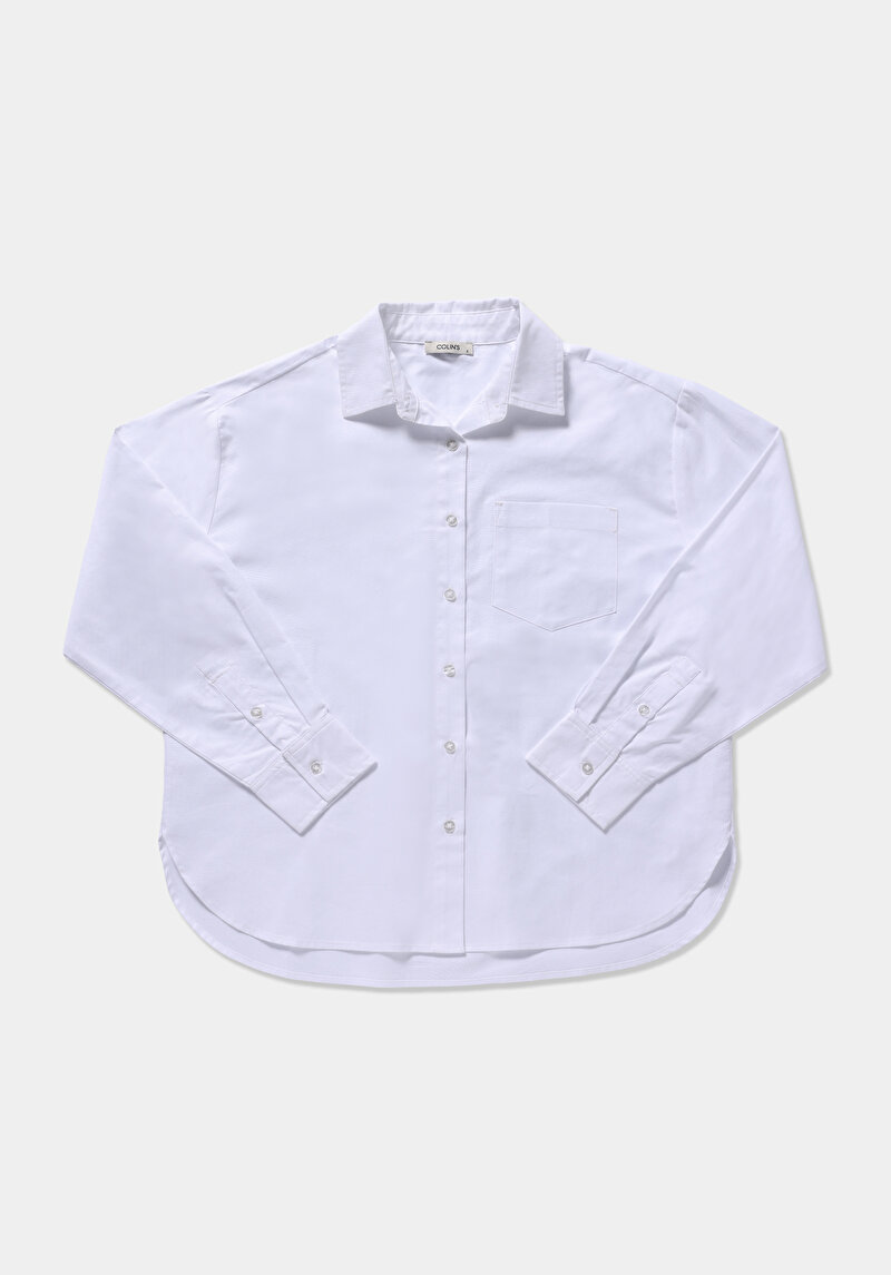 Boyfriend Fit Shirt Neck Düz Kadın Beyaz Uzun Kol Gömlek