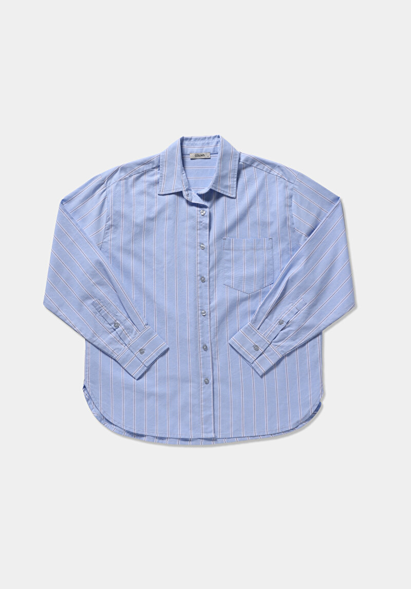 Boyfriend Fit Shirt Neck Çizgili Kadın Mavi Uzun Kol Gömlek