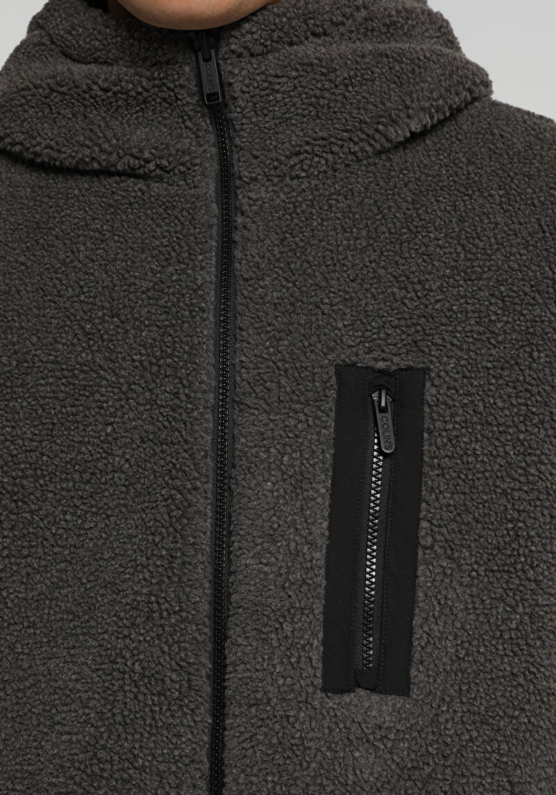 Çift Taraflı Dış Taraf Teddy Regular Fit Kapüşonlu Fermuarlı Astarlı  Erkek Antrasit Mont