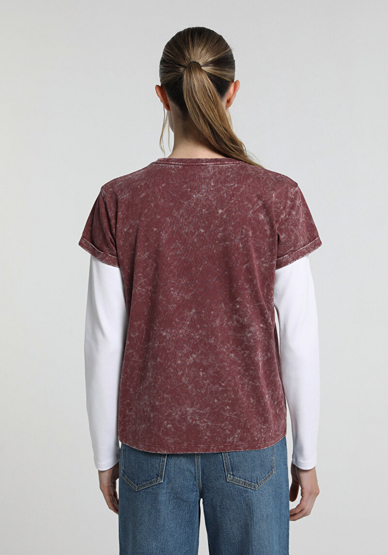Slim Fit Yuvarlak Yaka Baskılı Kadın Bordo Kısa Kol Tişört