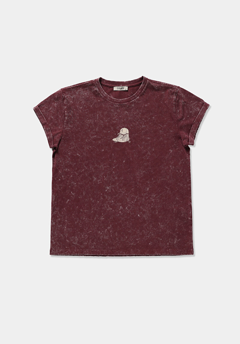 Slim Fit Yuvarlak Yaka Baskılı Kadın Bordo Kısa Kol Tişört