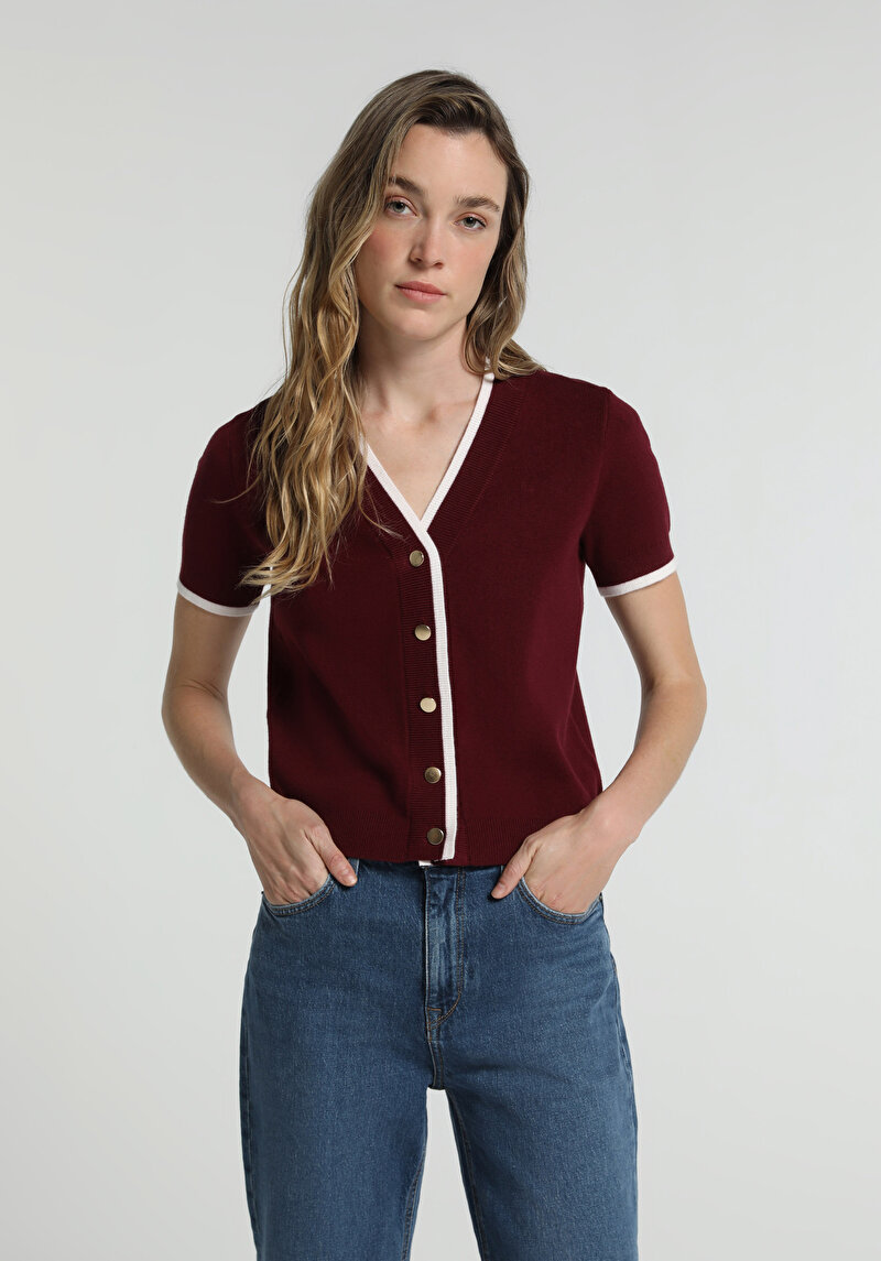Slim Fit Düğmeli Yaka Düz Kadın Bordo Kısa Kol Kazak