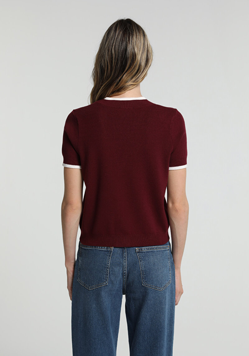 Slim Fit Düğmeli Yaka Düz Kadın Bordo Kısa Kol Kazak