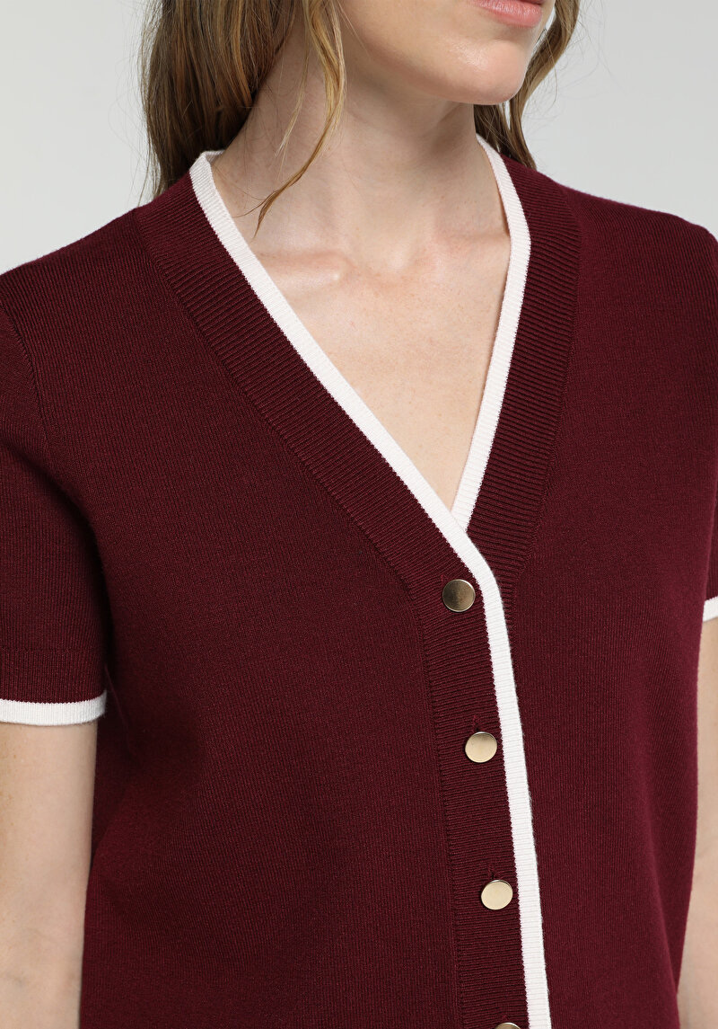 Slim Fit Düğmeli Yaka Düz Kadın Bordo Kısa Kol Kazak