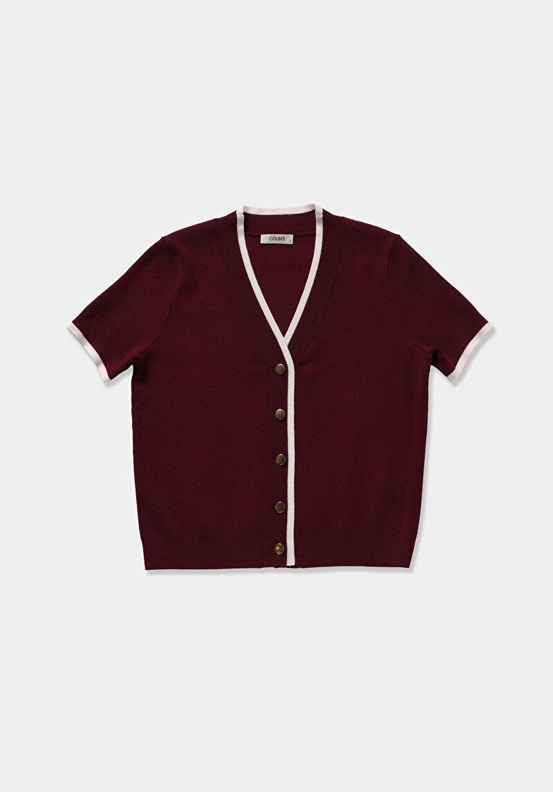 Slim Fit Düğmeli Yaka Düz Kadın Bordo Kısa Kol Kazak